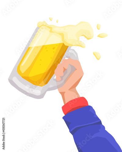Tilted mug of light, lager beer with splashing foam and hand isolated on white. Vector illustration for postcard greeting card, banner, advertising, menu, articles.
