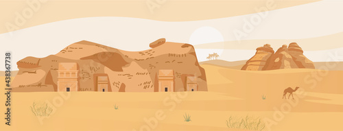 Saudi Arabia Desert Landscape With Ancient Tombs Of Al Ula. Hegra Ancient Village. Sand Rocks. Flat Vector Illustration.