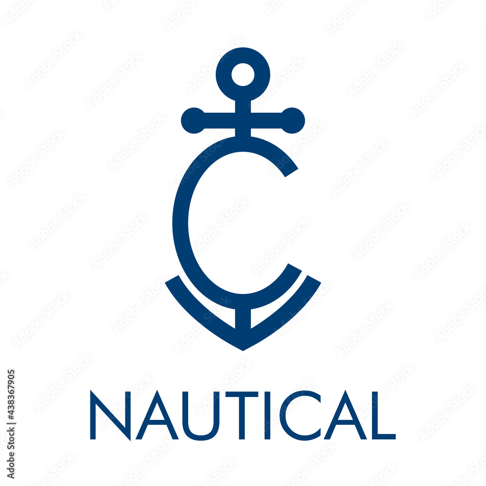 Logotipo con ancla de barco con forma de letra inicial C y texto Nautical en color azul - obrazy, fototapety, plakaty 