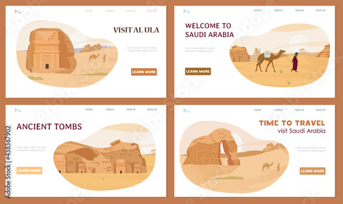 Travel To Saudi Arabia Set Of Website Templates With Desert Landscapes, Al Ula Tombs, Camels And Beduin. Vector Illustration. photo