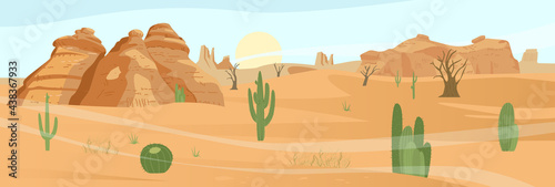 Desert Landscape With Сactus And Sand Rocks. Flat Vector Illustration.
