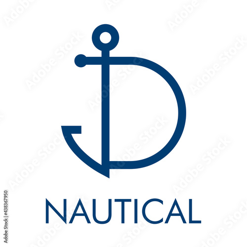 Logotipo con ancla de barco con forma de letra inicial D y texto Nautical en color azul