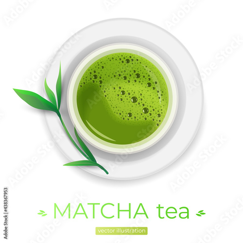 Glass cup and plate, dish with  green, matcha tea and green leaf isolated on white background. Vector illustration for postcard greeting card, banner, advertising, menu, articles.