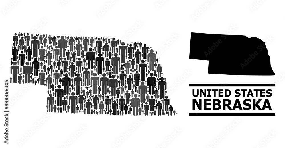 Map of Nebraska State for demographics proclamations. Vector demographics collage. Collage map of Nebraska State done of crowd pictograms. Demographic concept in dark gray color hues. Map of Nebraska State for demographics proclamations. Vector demographics collage. Collage map of Nebraska State done of crowd pictograms. Demographic concept in dark gray color hues.