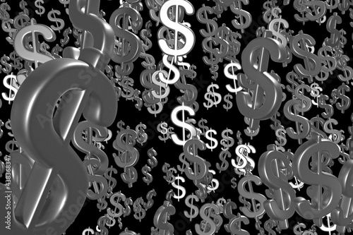 Many 3d dollar symbol, silver color, drop, on black background.