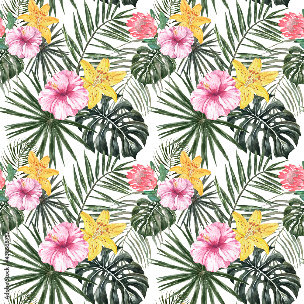 Summer floral tropical seamless pattern. Watercolor print with exotic plants, flowers and leaves. Green palm leaf on white background. Artistic botanical wallpaper.