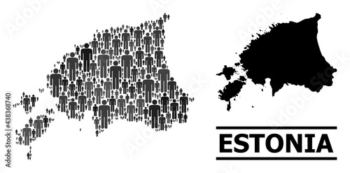 Map of Estonia for demographics agitation. Vector nation abstraction. Abstraction map of Estonia composed of guy pictograms. Demographic concept in dark grey color tints.