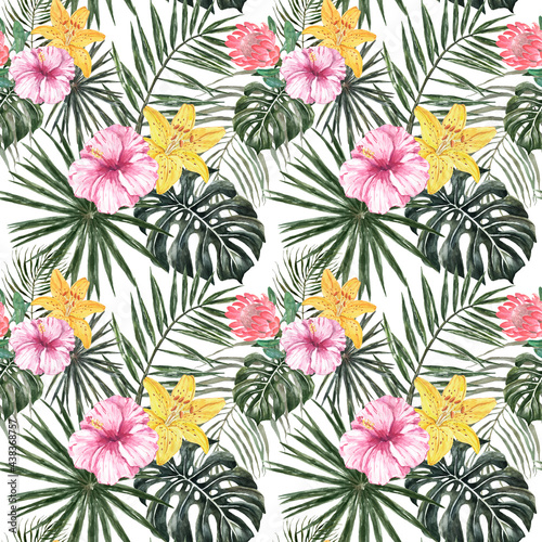 Summer floral tropical seamless pattern. Watercolor print with exotic plants  flowers and leaves. Green palm leaf on white background. Artistic botanical wallpaper.