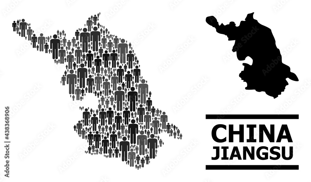 Map of Jiangsu Province for demographics promotion. Vector demographics abstraction. Collage Map of Jiangsu Province done of person elements. Demographic scheme in dark gray color tints.