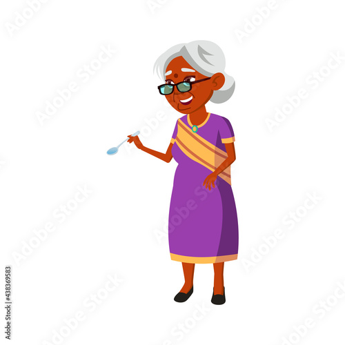 old indian woman taste dish in canteen cartoon vector. old indian woman taste dish in canteen character. isolated flat cartoon illustration