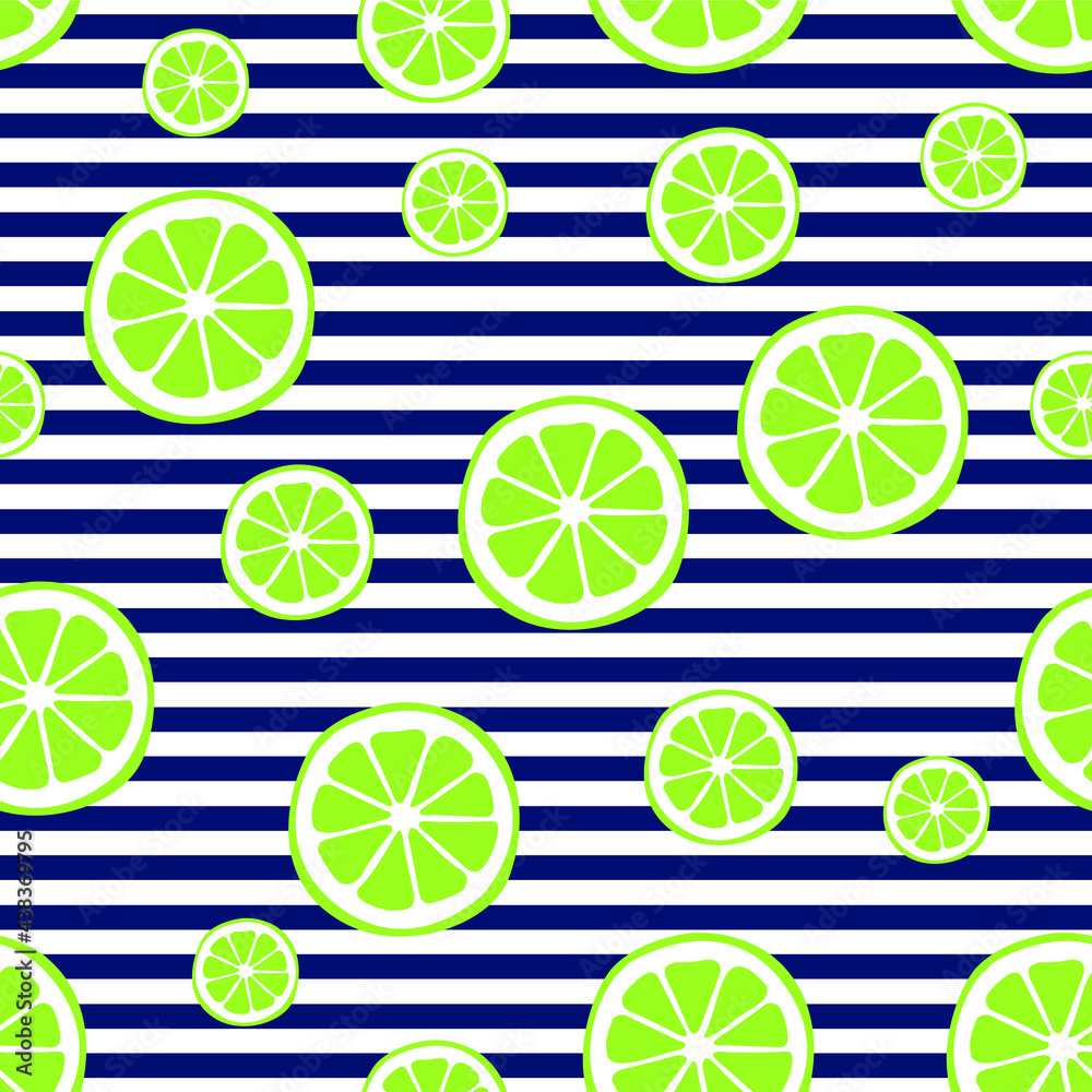 Lime seamless pattern. Green citrus on strips. Summer background. Vector illustration. 