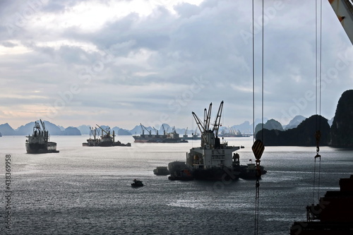 Various panoramic views of the port, roadstead, and coastline of the Halong bay, Port of Campha, Vietnam. October, 2020. photo