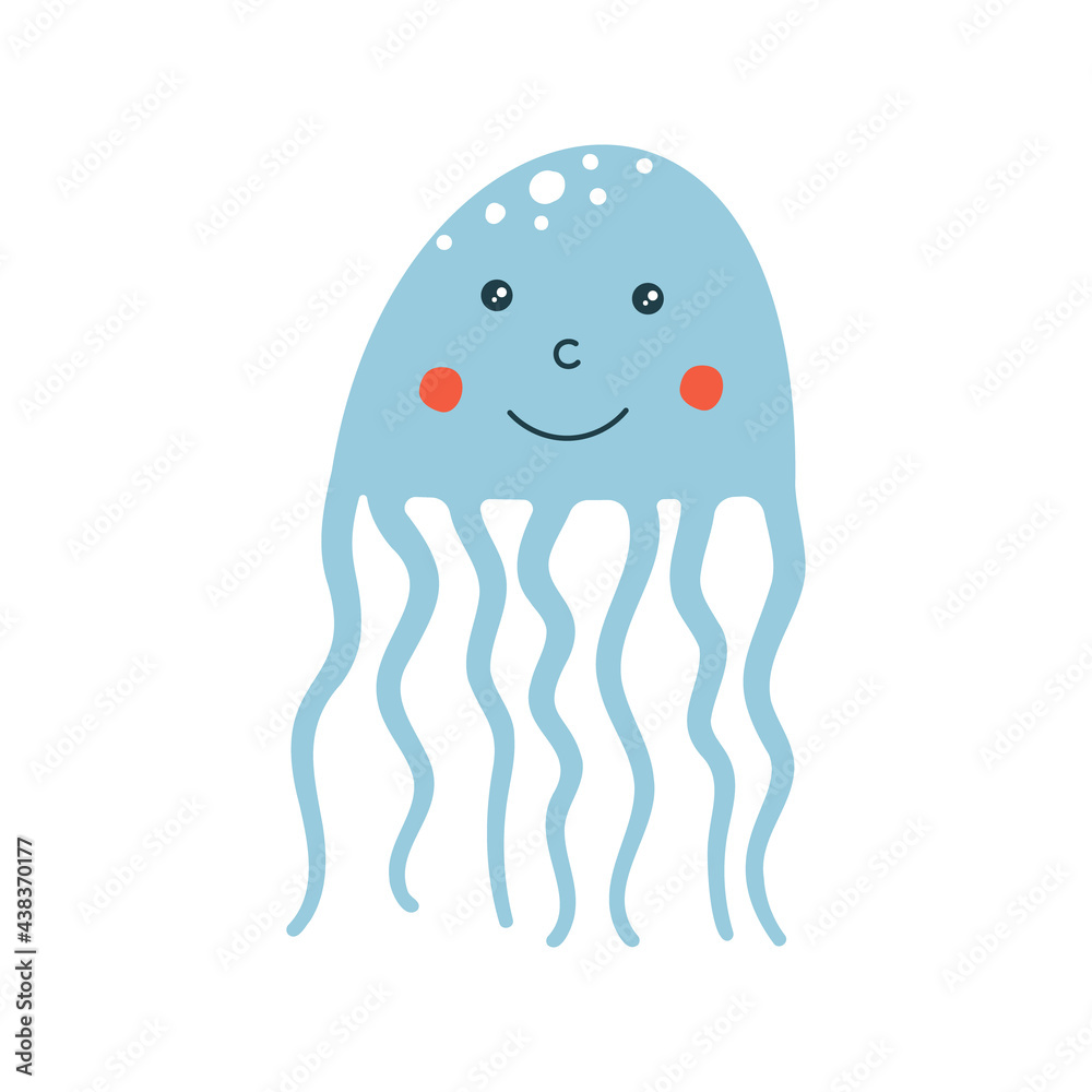 Cute hand drawn jellyfish character with happy face. Vector illustration isolated on white background. Cute hand drawn jellyfish character with happy face. Vector illustration isolated on white background.