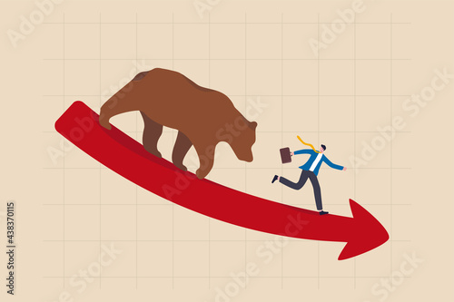 Bear market, stock decline by economic crisis, recession or bubble burst, crypto currency price going down concept, businessman investor sell all stocks and run away from bear on red decline graph.