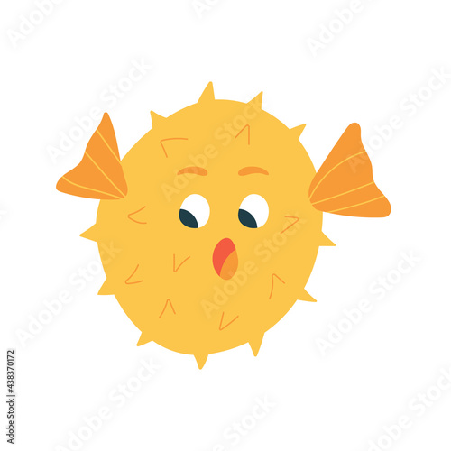 Cute hand drawn puffer fish with surprised facial expression. Vector illustration isolated on white background.