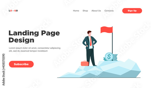 Business leader achieving goal. Businessman standing on top, flag, heap of cash flat vector illustration. Business success, leadership concept for banner, website design or landing web page