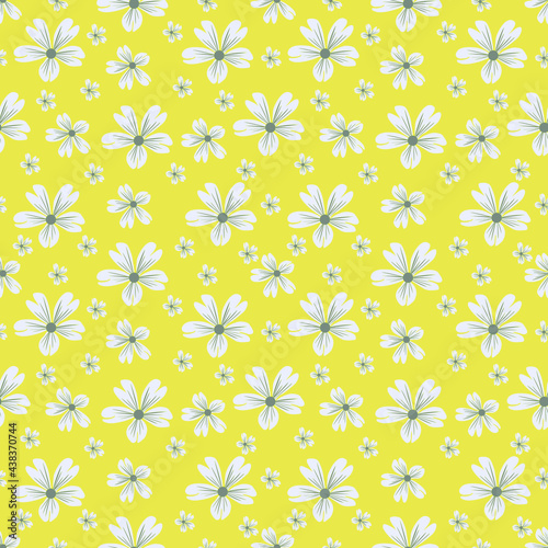 A blooming floral pattern in blooming botanical motifs is scattered randomly. Seamless vector texture. For fashionable prints. Print in a hand-drawn style on a yellow background, vector