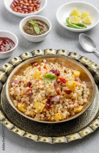 Sabudana khichdi is an Indian dish made from soaked sago or tapioca pearls 