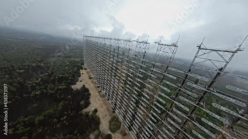 FPV drone view of over horizon duga radar system in the rain. The Chernobyl Exclusion Zone photo