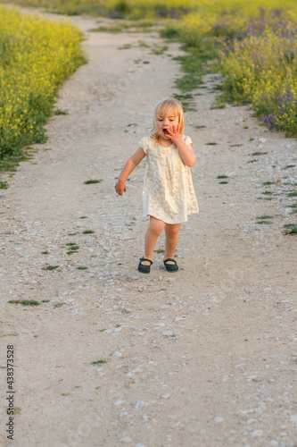 little beautiful girl walking in nature with flowers