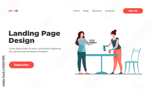 Two women cleaning table and room. Work, cooperation. Flat vector illustration. Cleaning service concept can be used for presentations, banner, website design, landing web page