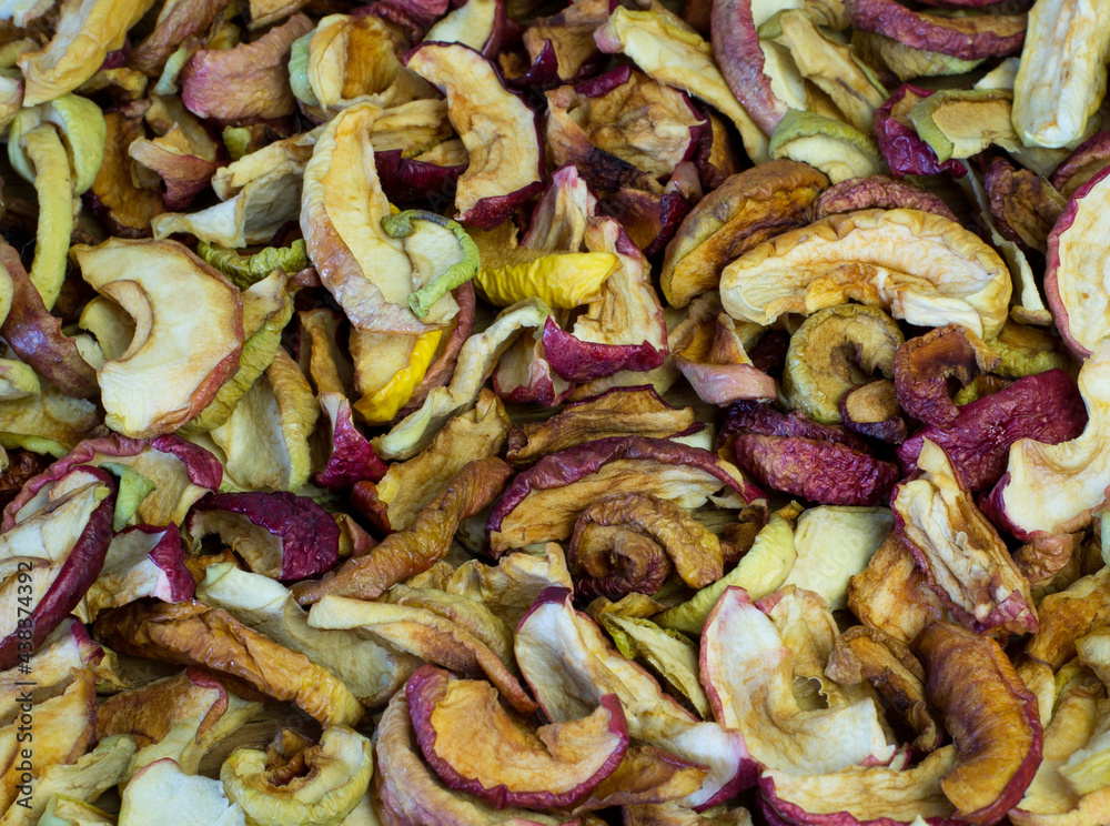 Background of fresh dried apples on the table.ried apple background