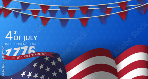 Independence day. Fourth of July. Bunting flag on blue background. Vector illustration.