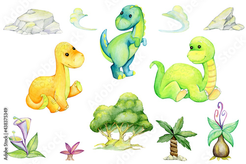 Dinosaurs, trees, palm trees, clouds, flowers. Watercolor set, prehistoric animals and plants, in cartoon style, on an isolated background. © Natalia