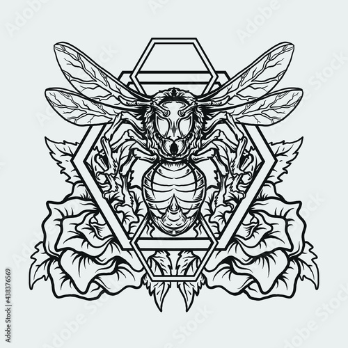 tattoo and t shirt design black and white hand drawn bee and rose