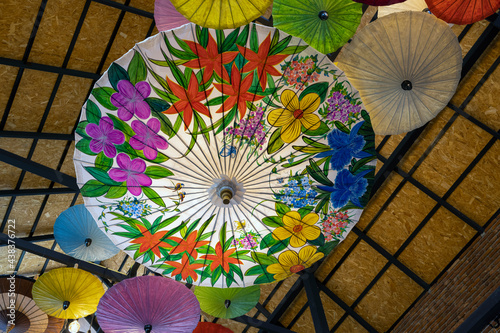Beautiful and colorful umbrellas on the ceiling.