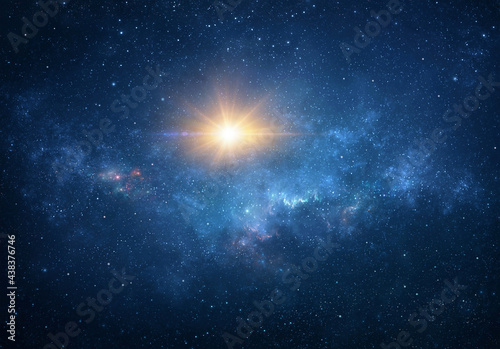 Fototapeta Naklejka Na Ścianę i Meble -  Sun, star light, explosion, glow, burst, blast into deep space. Cosmic nebula, galaxy, milky way in Universe.