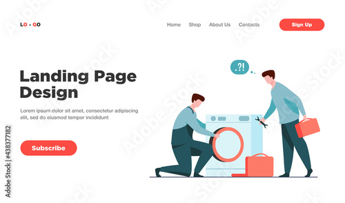 Two repairmen fixing washing machine. Handymen, mentor and intern with tools flat vector illustration. Home appliance repair service concept for banner, website design or landing web page