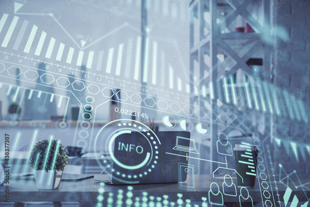 Double exposure of tech theme drawings and office interior background. Technology concept. Double exposure of tech theme drawings and office interior background. Technology concept.