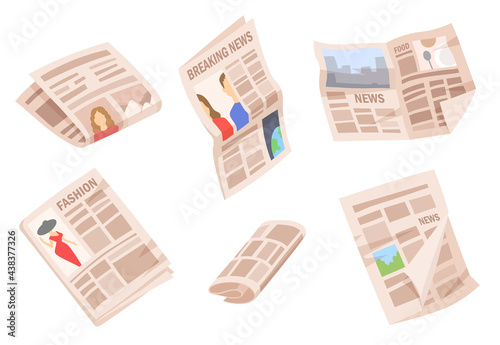 Set of newspapers isolated on white background. Collection of monthly, weekly publications of various articles. Colorful illustration in modern flat cartoon style for advertisement design