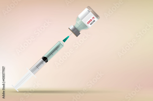 Bottle containing COVID-19 vaccine and a syringe pulling out vaccine against multicolored gradient background Vector illustration for concept of vaccination campaign