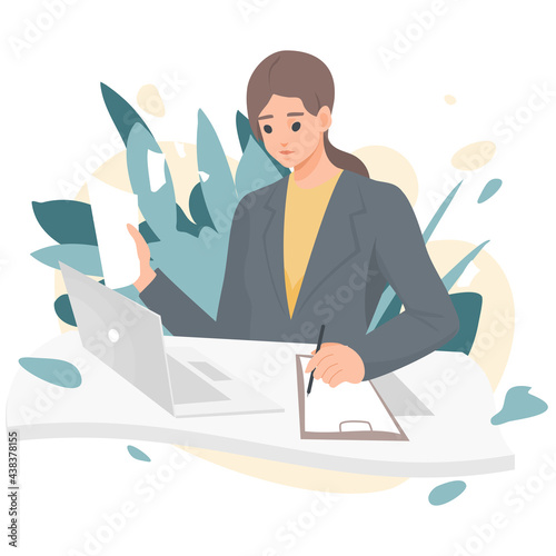 woman working on desk with laptop and take notes on paper concept of office working, flat vector illustration 