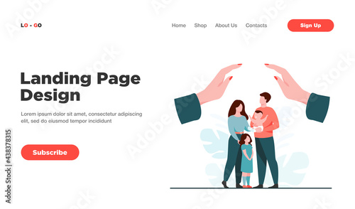 Hands protecting family with two children. Young couple of parents holding baby, standing together under human palms. For family safety, state protection, assistance, care concept