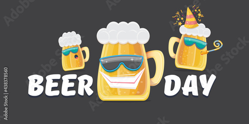 Happy international beer day horizonatal banner with cartoon funny beer glass friends characters with sunglasses isolated on grey background. International beer day cartoon comic poster