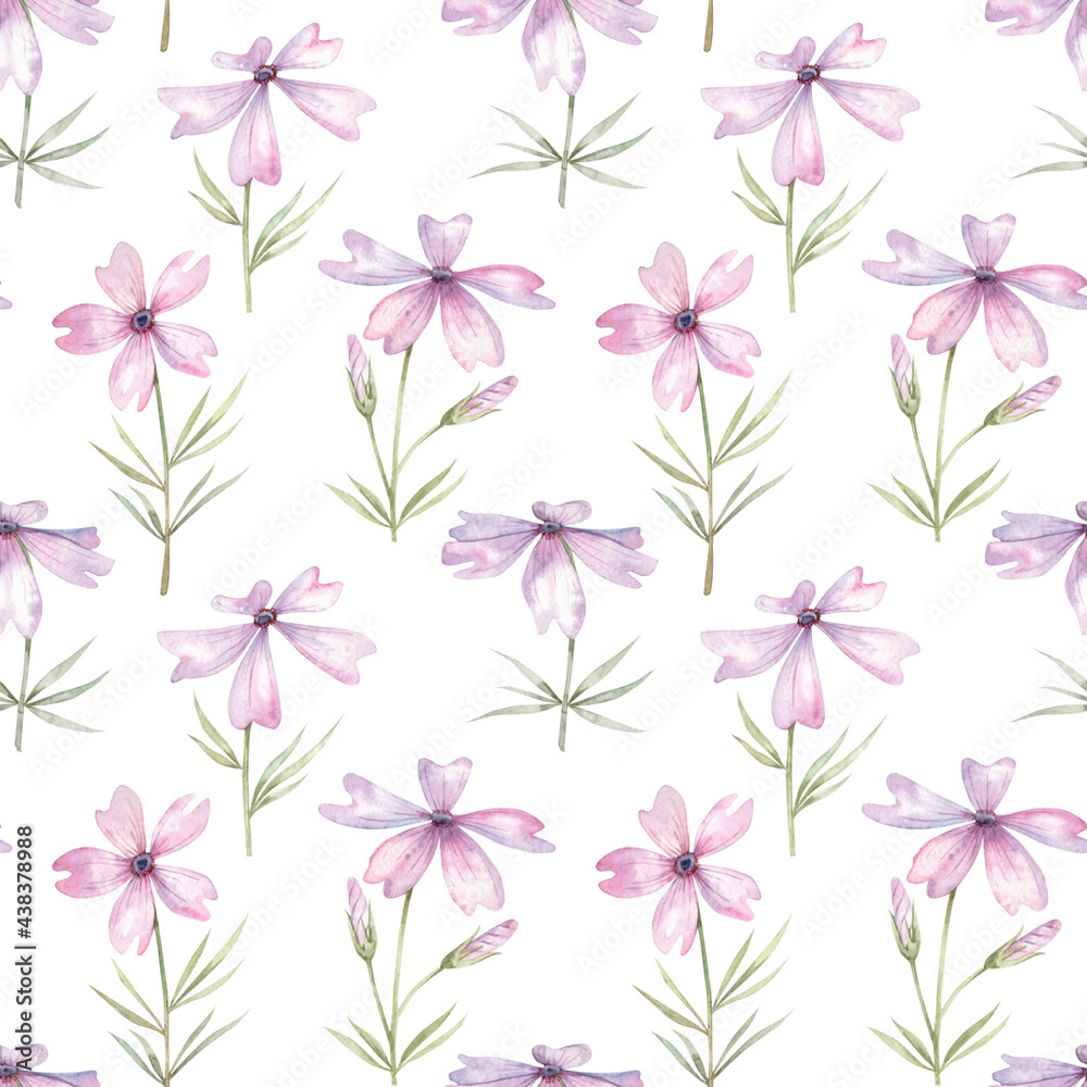 Seamless pattern of watercolor lilac flowers on a white background