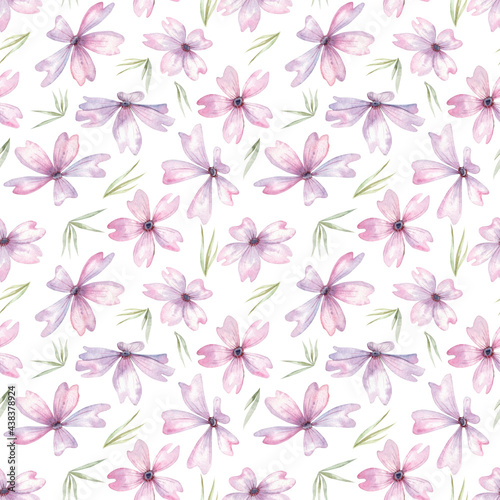 Seamless pattern of watercolor lilac flowers on a white background