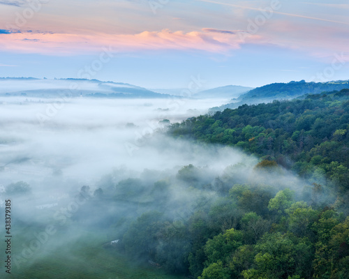 Landscape with forest covered by morning fog at sunrise