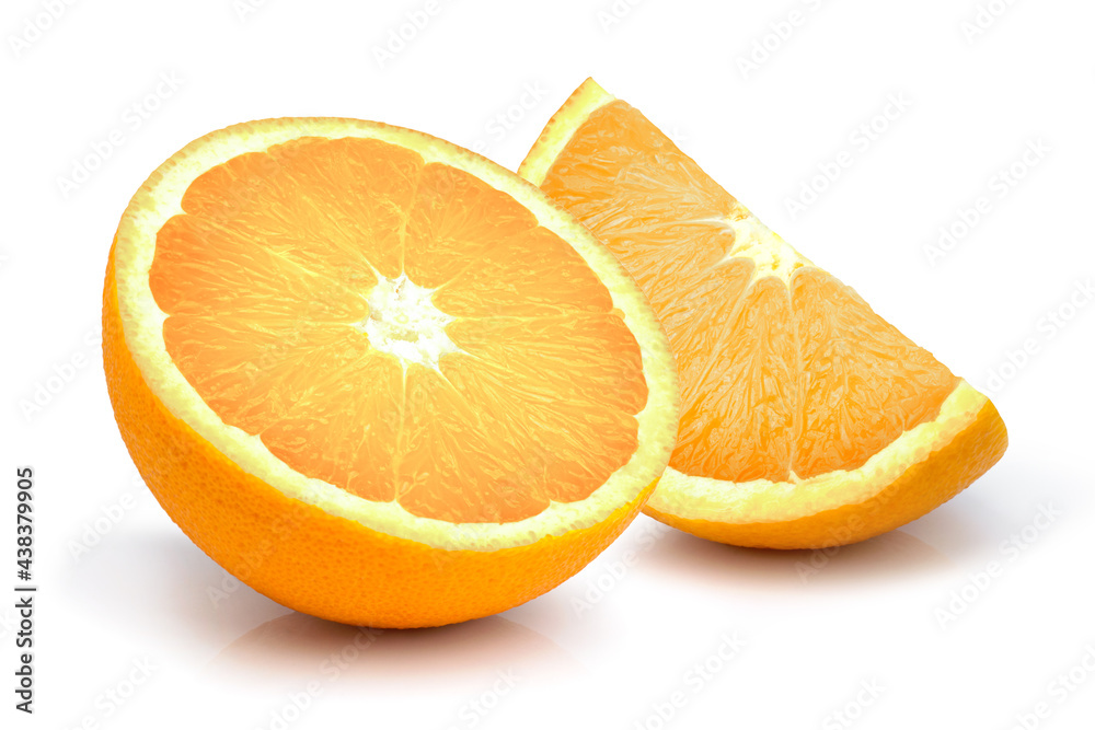 Orange fruit and half slice isolated on white background. Orange fruit and half slice isolated on white background.