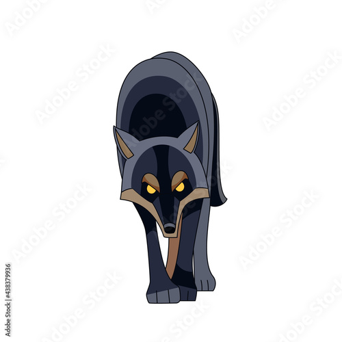 Black Wolf looks and walks straight for potential prey. Cartoon character of a dangerous mammal animal. A wild forest creature. Front view. Vector flat illustration isolated on a white background