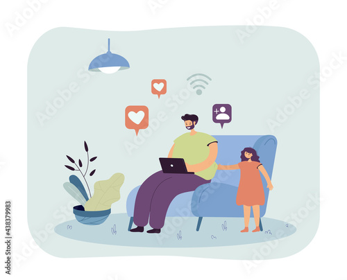 Father surfing internet and ignoring daughter. Man sitting on chair with laptop, sad girl calling dad flat vector illustration. Family, parenting, communication concept for banner, website design