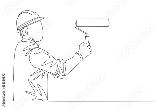 One single line drawing of young workman painting construction building wall with paint roller. Painter wall renovation service concept. Continuous line draw design illustration