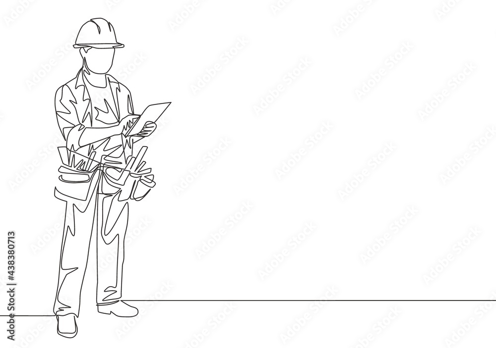 One continuous line drawing of young building foreman controlling workman work at construction site. Handyman house renovation service concept. Single line draw design illustration