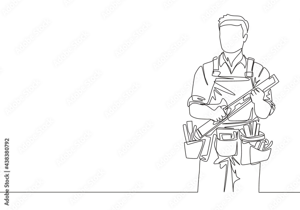 Single continuous line drawing of young handyman wearing building construction uniform while holding spirit level. Craftsman home repair service concept. One line draw design illustration Single continuous line drawing of young handyman wearing building construction uniform while holding spirit level. Craftsman home repair service concept. One line draw design illustration