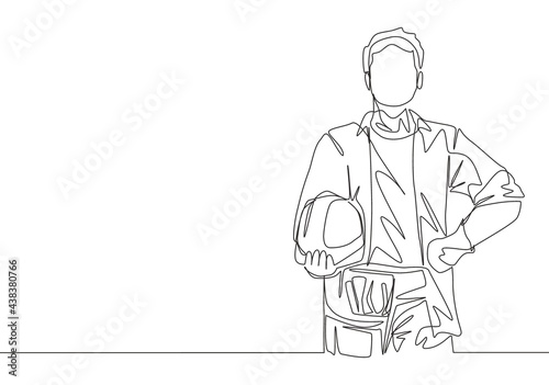 One single line drawing of young craftsman wearing building construction uniform while holding helmet. Handyman house renovation service concept. Continuous line draw design illustration