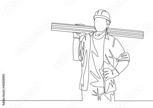 Single continuous line drawing of young lumberjack wearing helmet and glove while carrying stack of woods. Carpenter building maintenance service concept. One line draw design illustration