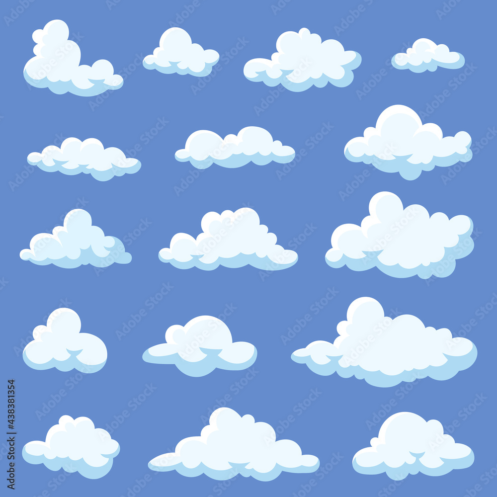 Set of cartoon clouds isolated on blue background. White fluffy vapors illustrations in 2d style. Calm atmosphere, bright blue sky, heaven. Nature, weather concept for adverts or banners design